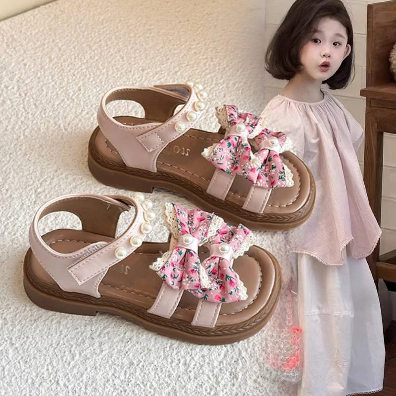 2025夏季新款女童碎花公主凉鞋儿童软底防滑沙滩鞋小女孩珍珠凉鞋