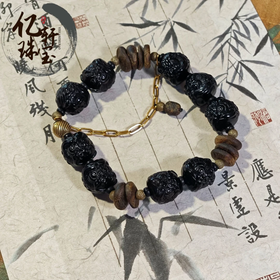 沉香【亿轩臻选】ZX165107翳珀醒狮单圈手串diy棋楠沉香12mm+