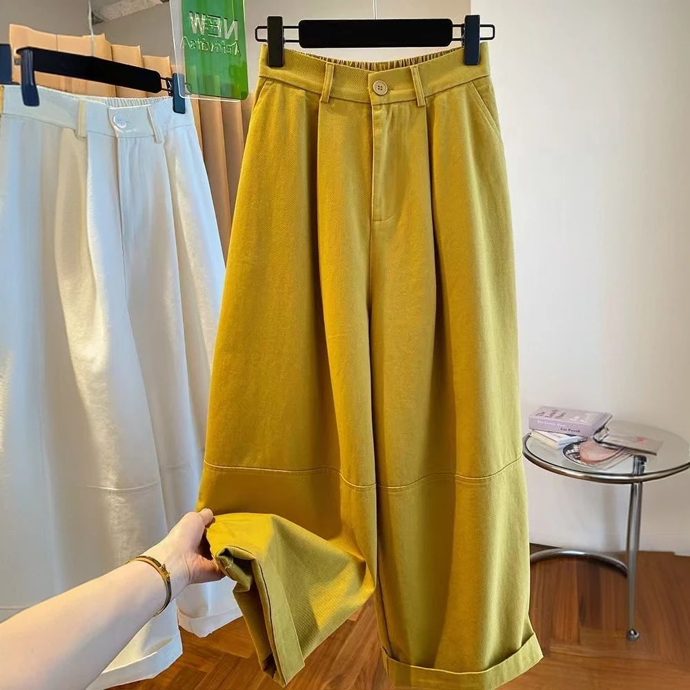 黄色九分阔腿裤女夏2025新款宽松休闲显瘦直筒大版气球裤工装裤