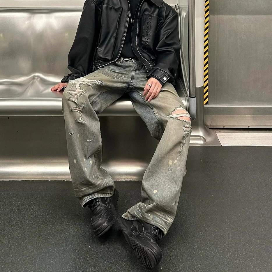 复古做旧破洞漆点直筒微喇裤男潮款高街简约牛仔裤