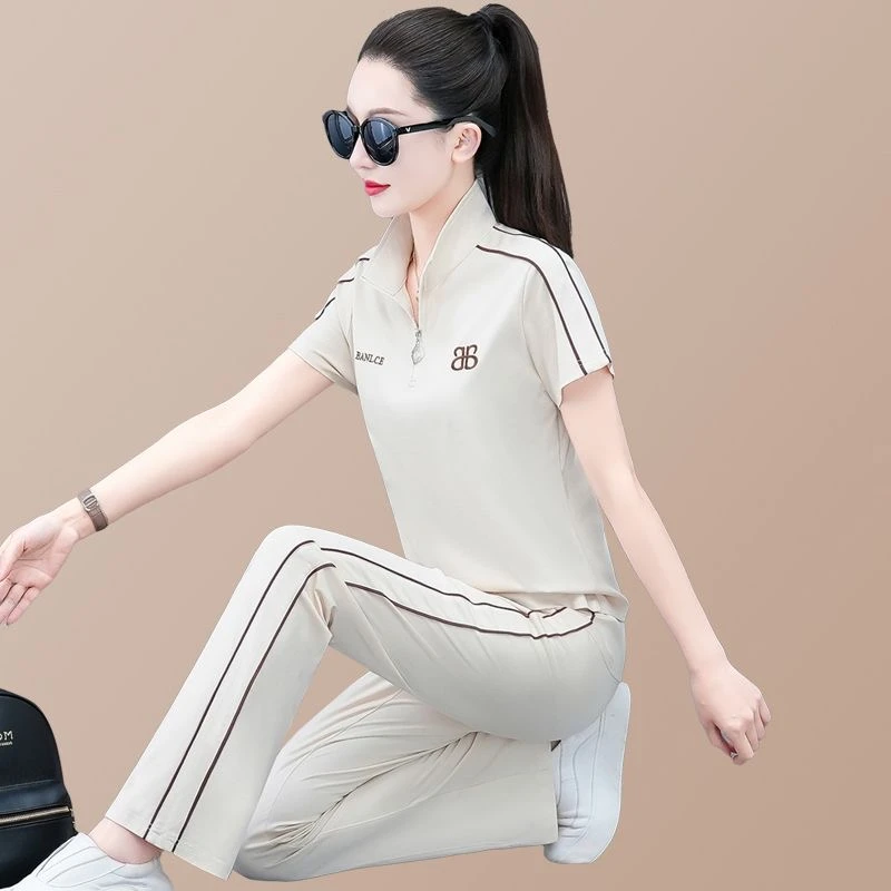 夏天冰丝运动套装女2025新款时尚洋气大码短袖长裤休闲跑步两件套