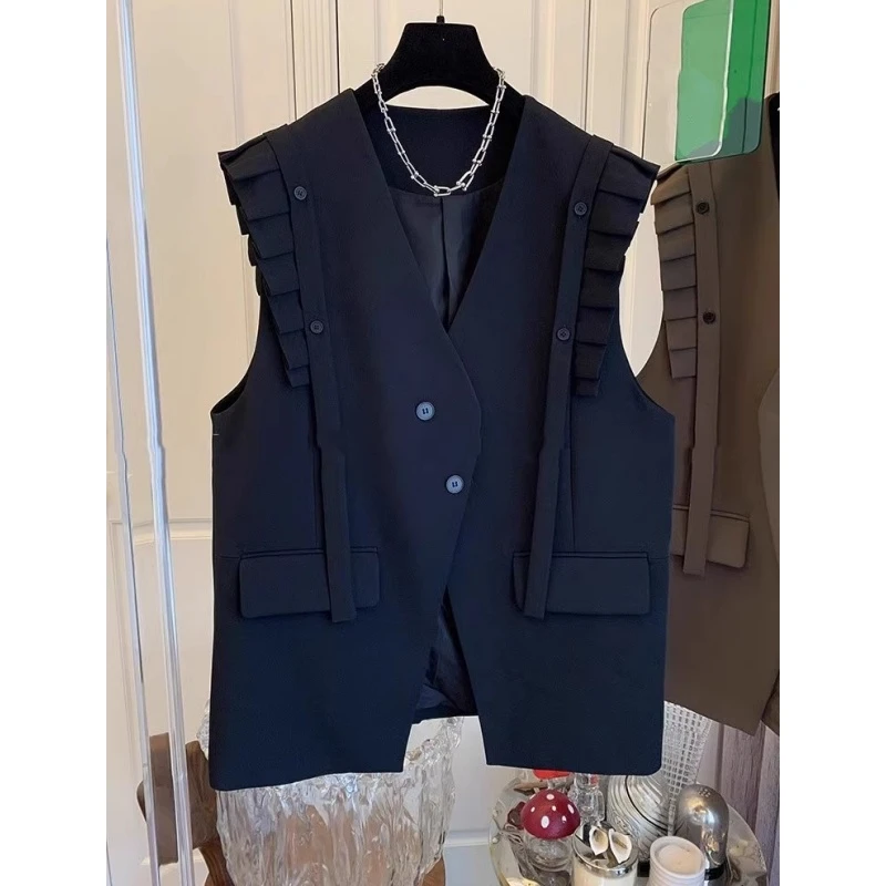 开春时尚百搭木耳边拼接西装马甲背心外套女宽松休闲中长款上衣