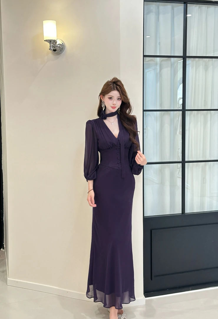 【精选优品】气质名媛高腰长裙秋季V领修身连衣裙251229