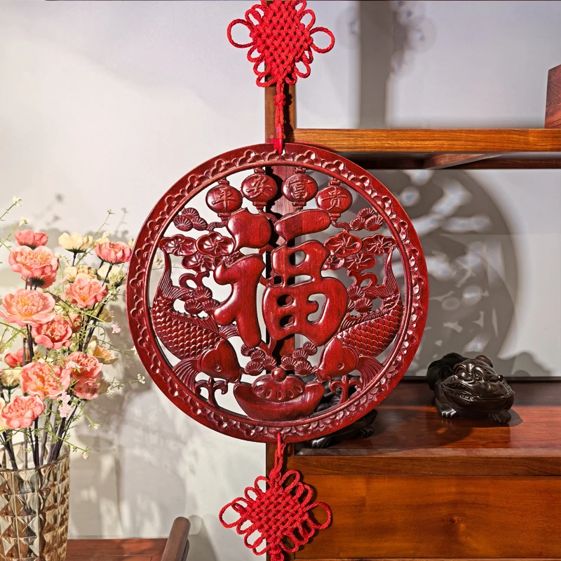 【大款送中国结】平安富贵木雕挂画 樟木画客厅挂件 直径38