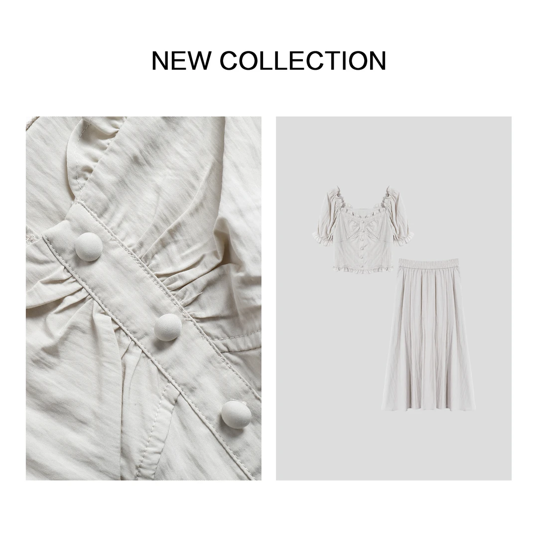 【小橱专享】D5F26130 方领泡泡袖上衣+高腰长裙 法式浪漫套装-6130