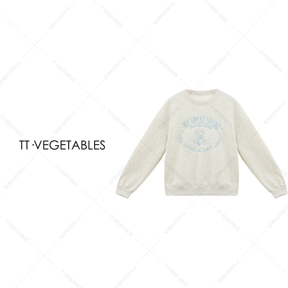 噢芬/小个子【 桢柔】棉柔加绒宽松刺绣圆领套头时尚休闲卫衣522598