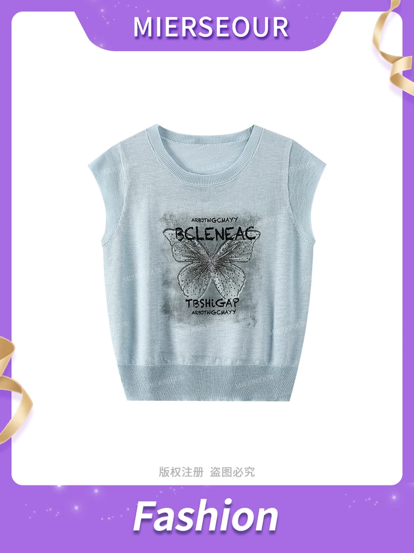 【璀璨蝴蝶】简约甜美风烫钻设计针织上衣6780