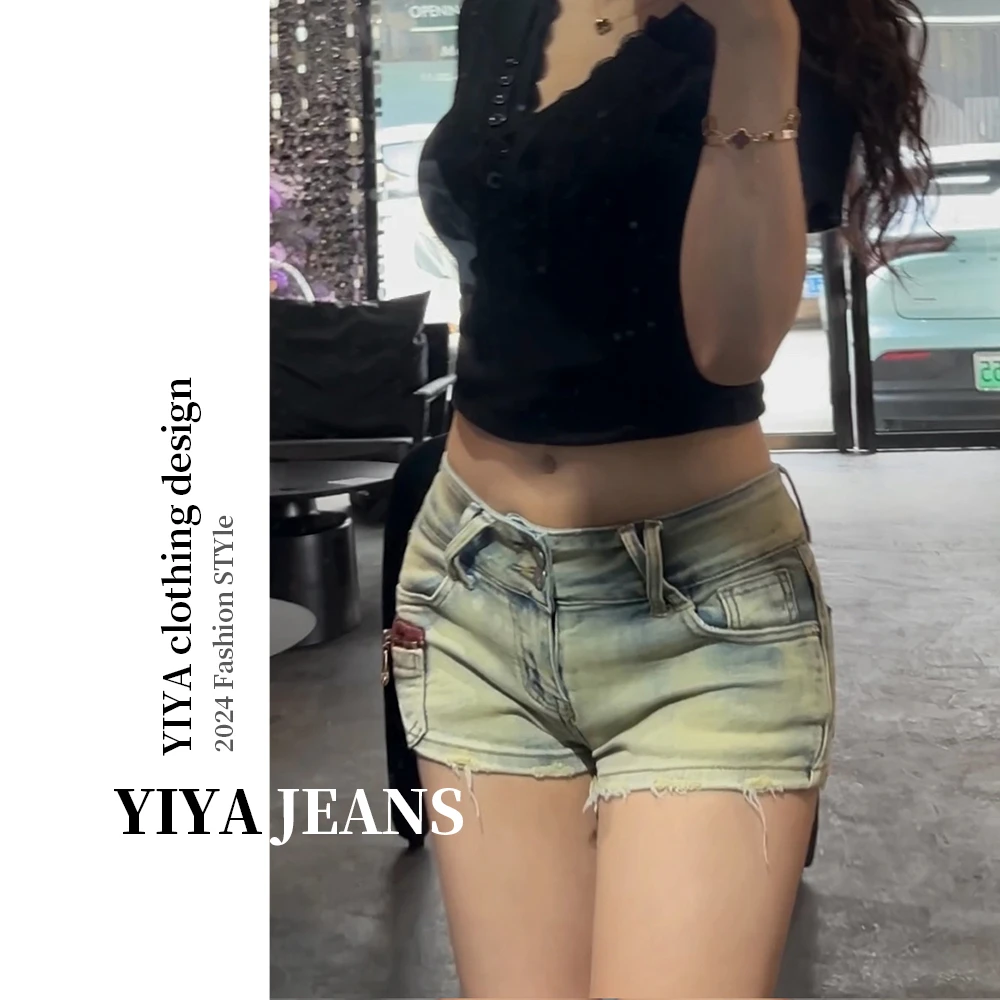 326设计拼接口袋低腰双扣弹力牛仔裤女2025夏季性感辣妹显瘦短裤