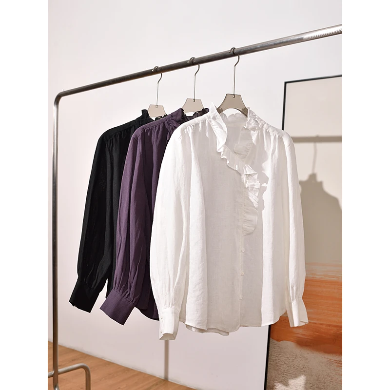 夏季新品 女款自然肌理感汉麻木耳边长袖衬衫