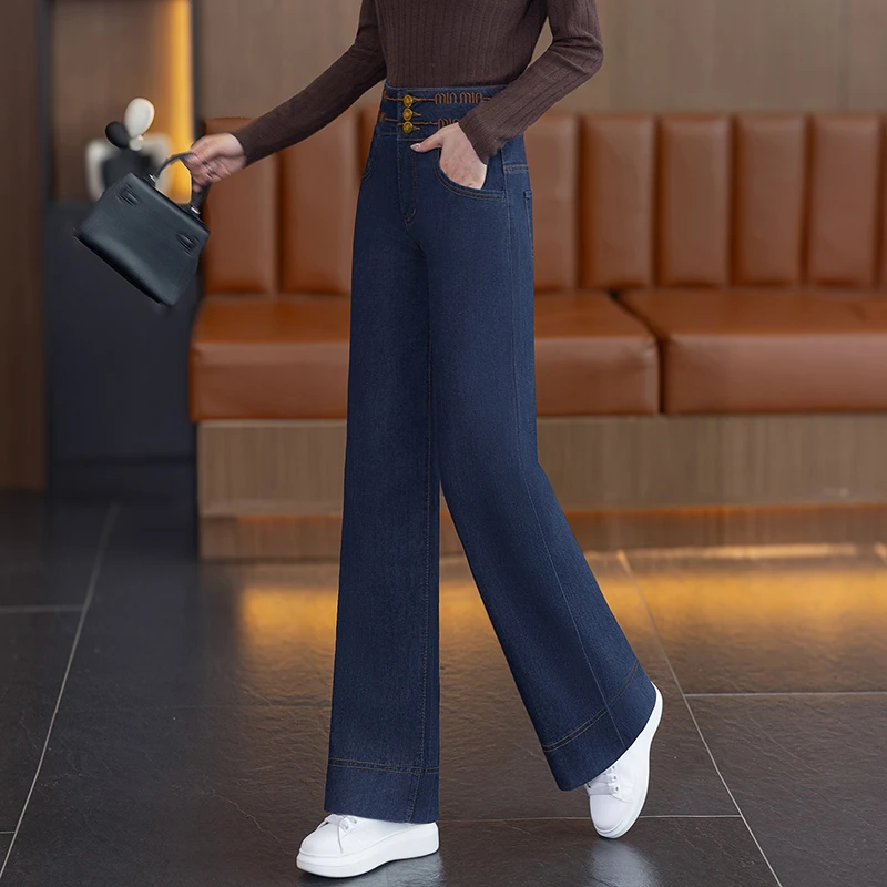 丹宁蓝微喇叭牛仔裤女2025秋冬高腰显瘦百搭刺绣直筒裤宽松阔腿裤