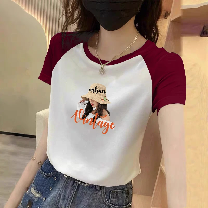 正肩圆领短袖t恤女夏季韩版修身显瘦休闲体恤衫时尚印花插肩上衣