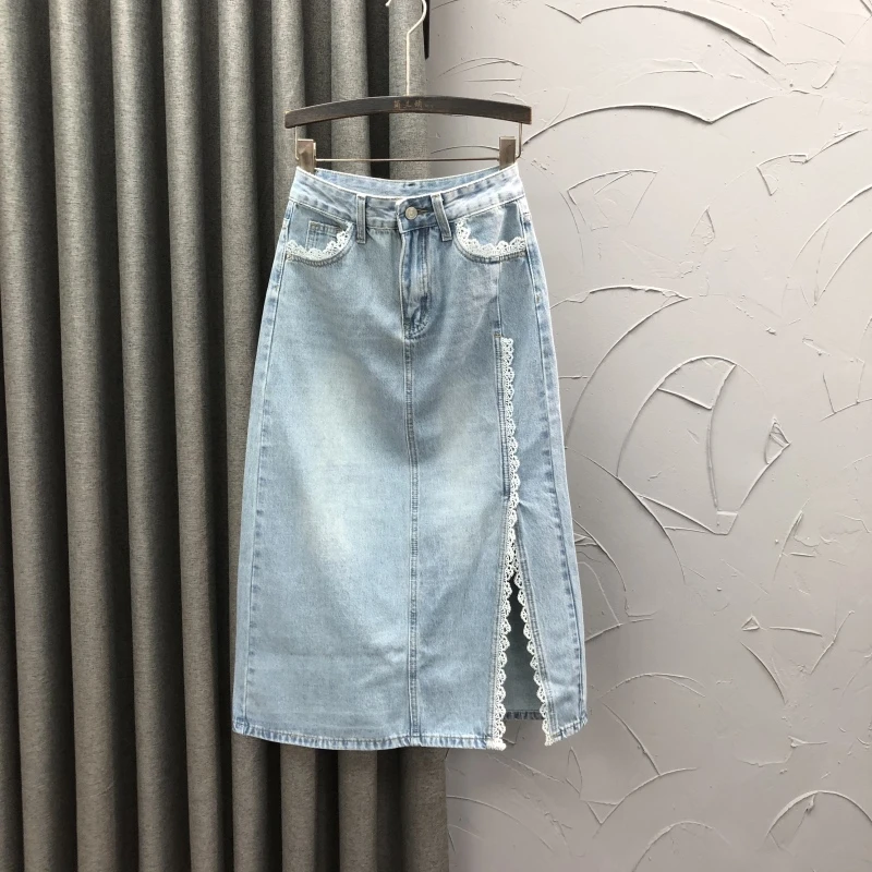 个性蕾丝花边高腰牛仔裙女2025夏天宽松遮肉侧开叉A字中长半身裙