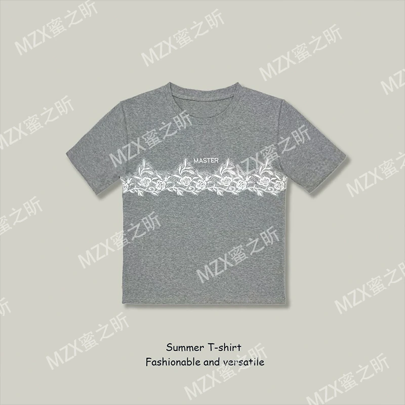 2025夏季新款蕾丝拼色字母刺绣短袖T恤女休闲百搭时尚显瘦上衣女