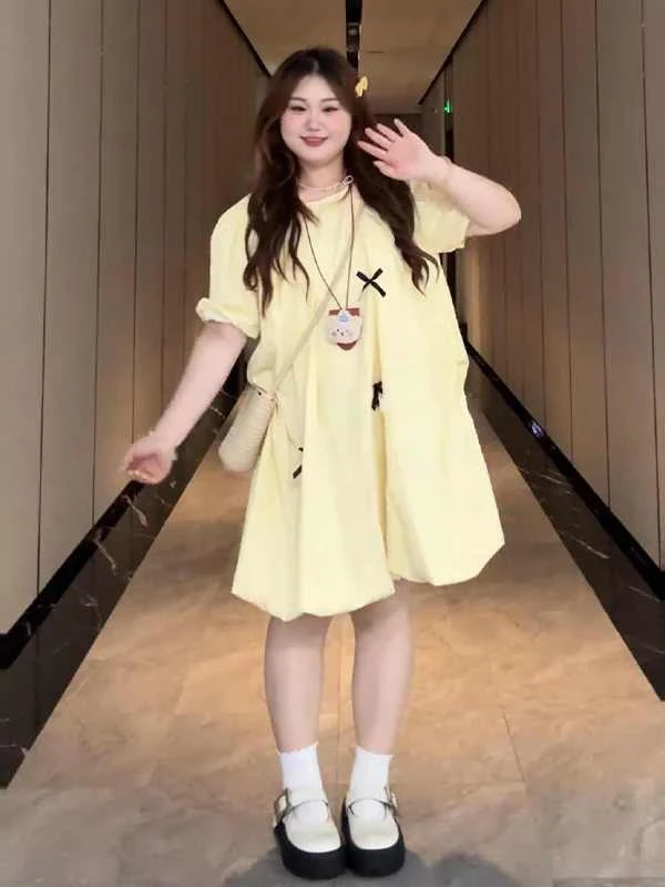 大码胖mm韩系时尚休闲蝴蝶结花苞裙女夏季宽松显瘦气质百搭连衣裙