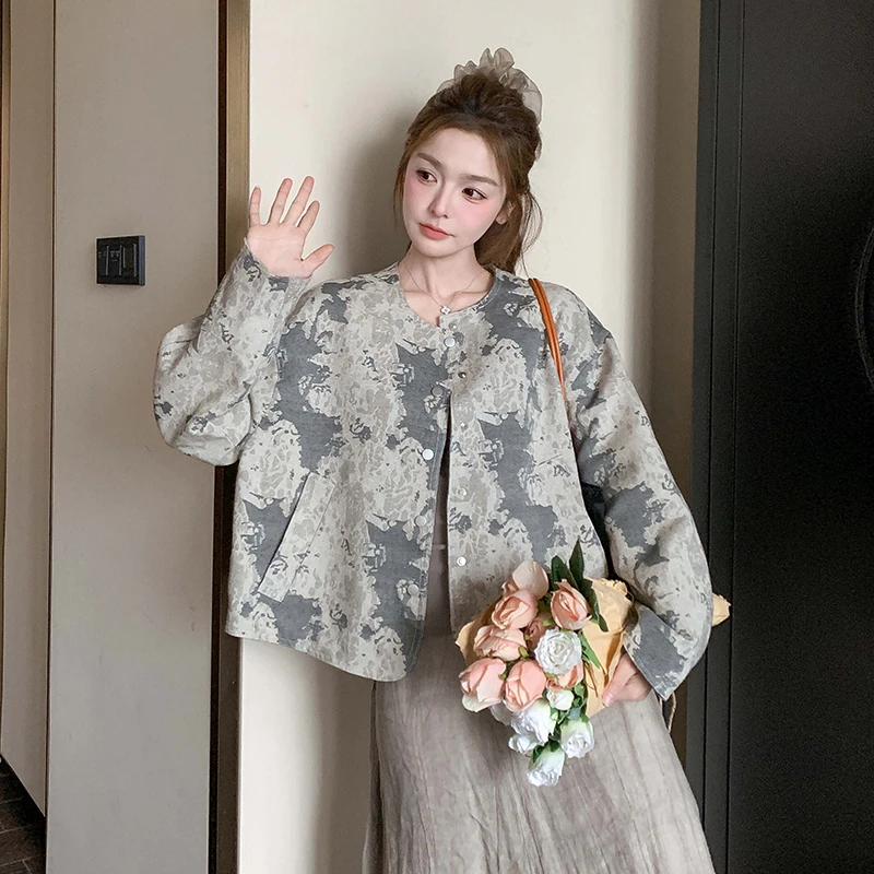 水墨画提花新中式外套女2025春季新款小个子复古设计感小众上衣潮