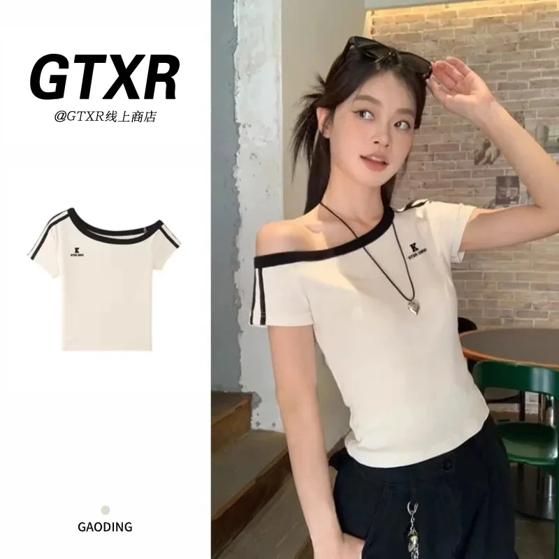 美式辣妹时尚斜露肩短袖t恤女夏季2025新款修身显瘦别致短款上衣