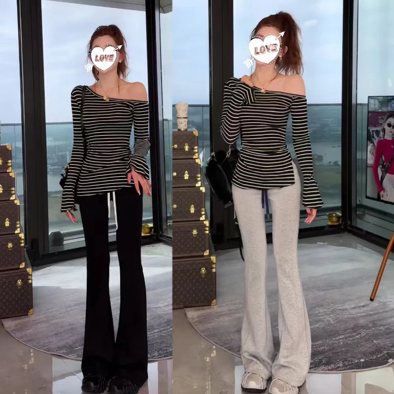 2025春季新款时尚气质显瘦条纹上衣百搭休闲微喇叭裤套装两件套女