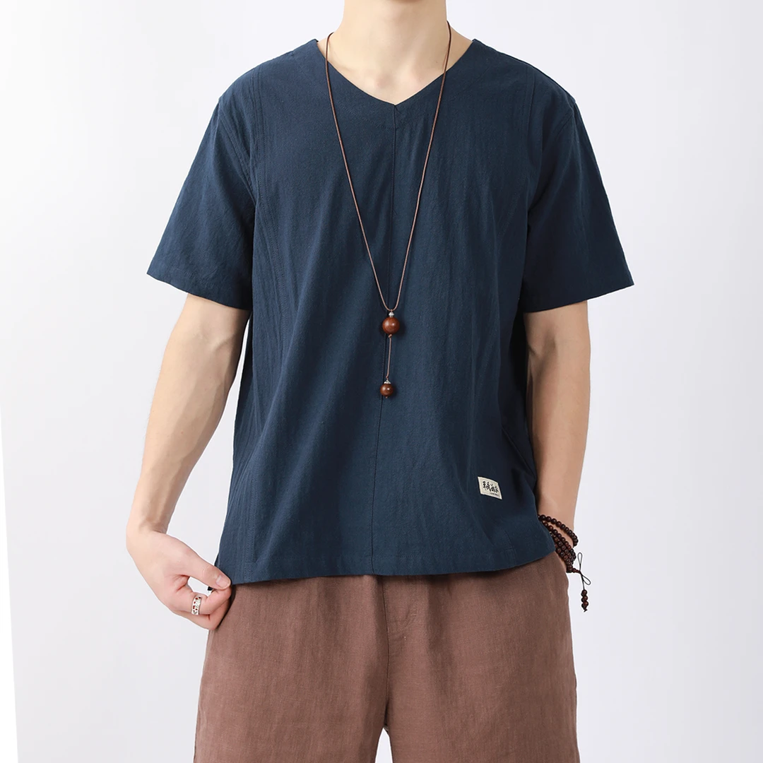 【特卖 -清泉】夏季男士棉麻衬衣休闲亚麻宽松纯色t恤简约衬衫