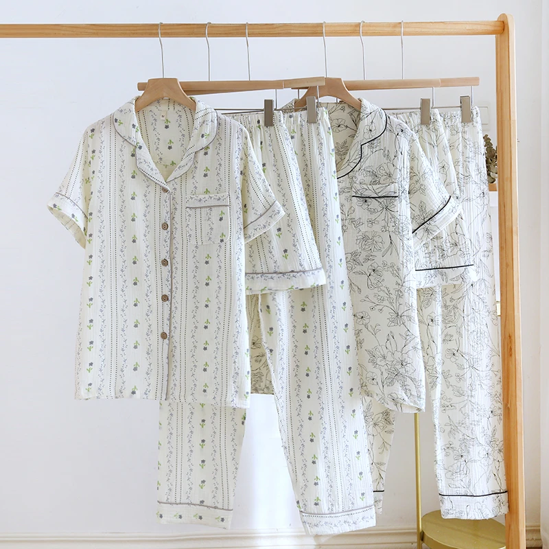 日系田园风纯棉双层纱布睡衣女春夏季薄款短袖长裤家居服三件套装