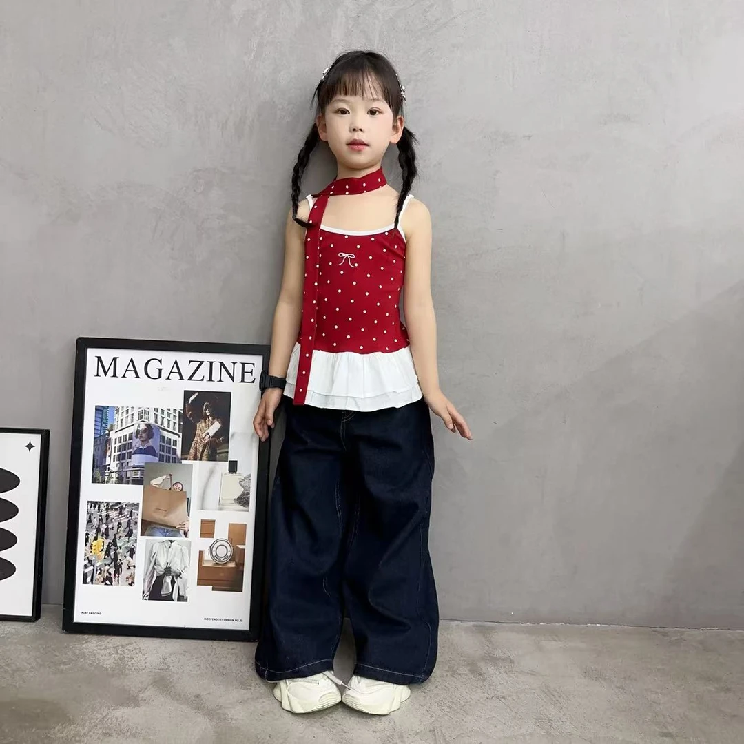 2025女童春秋夏季新款甜辣绑带红色花边波点吊带蓝色阔腿裤套装