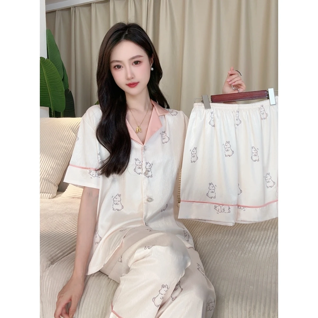 达芬奇密码2025新款时尚小兔子睡衣短袖三件套春夏大码休闲