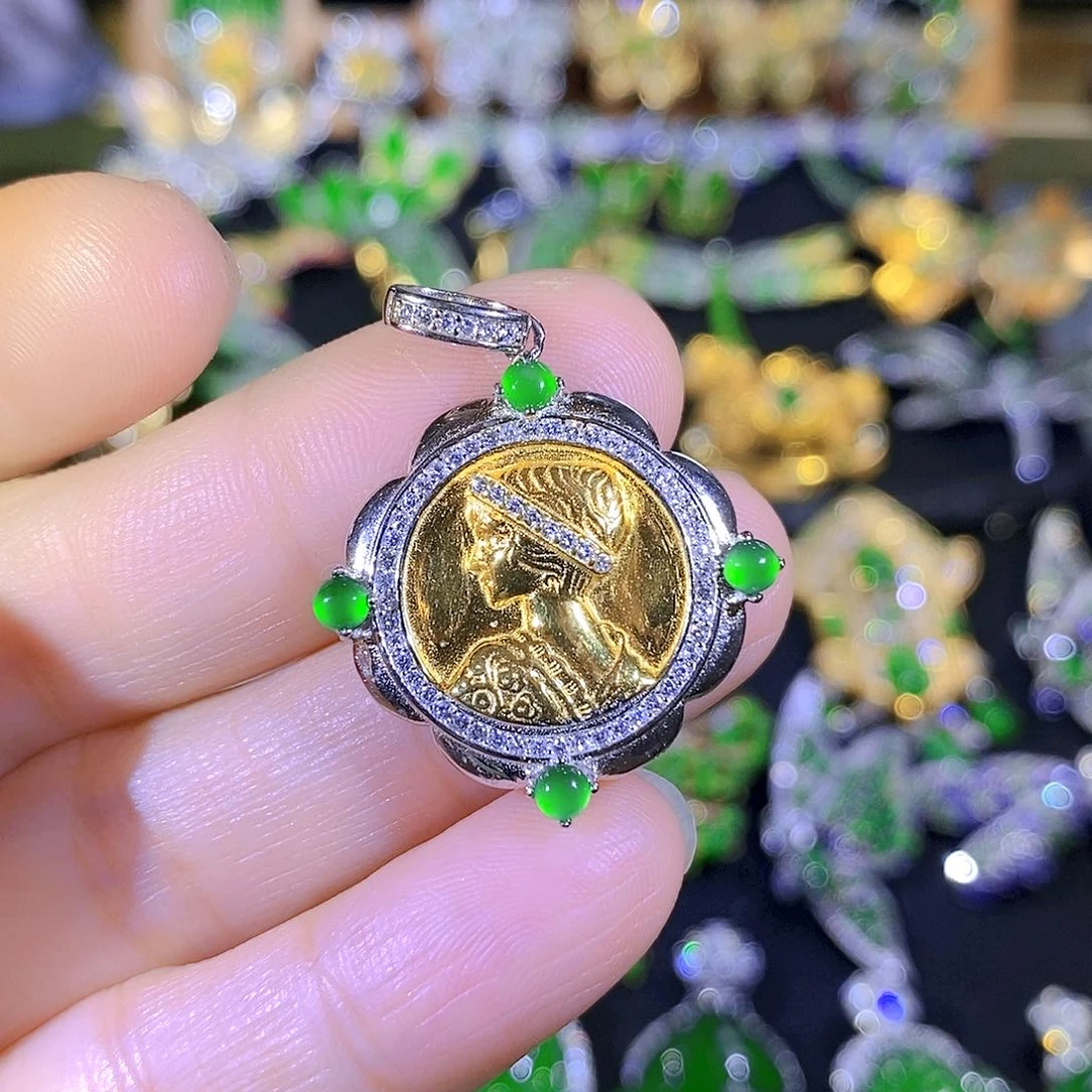 吊坠(不含链)银S925镶嵌翡翠