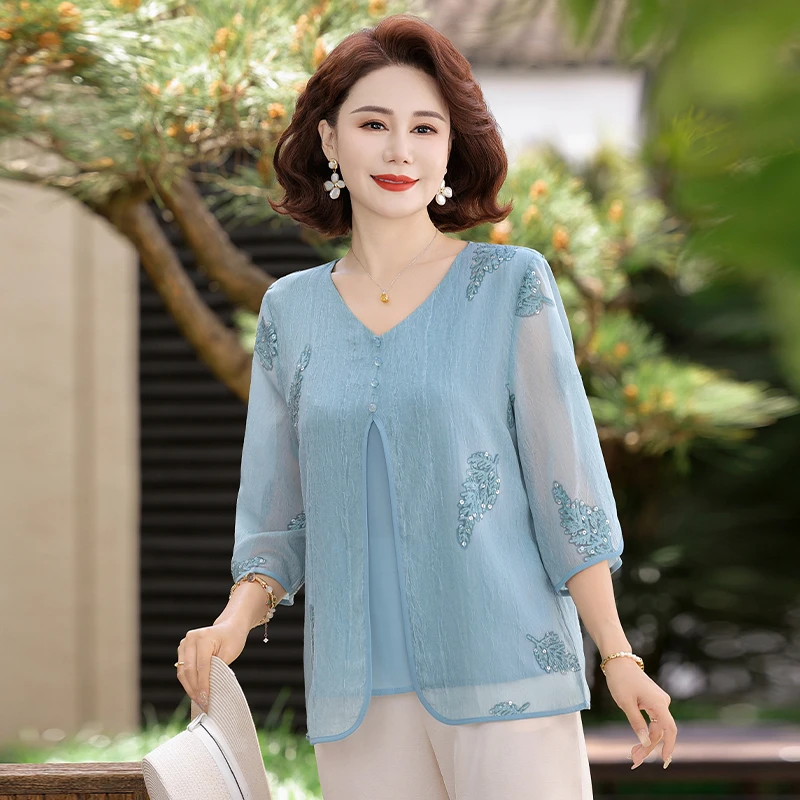 妈妈夏装新中式国风碎花短袖中老年夏季新款七分袖上衣女打底衫