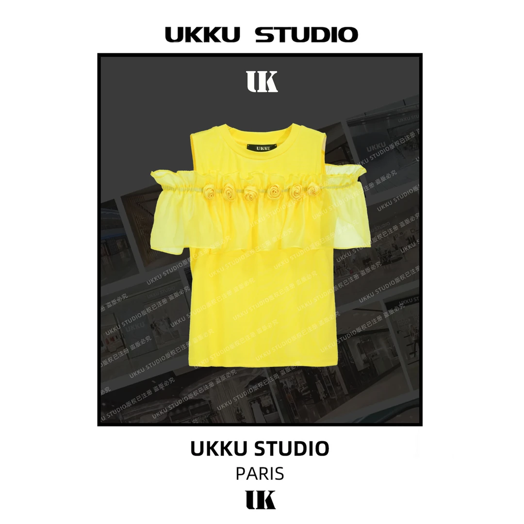 文文【UKKU STUDIO】荷叶边拼接露肩圆领2025夏季重工花朵T恤314162
