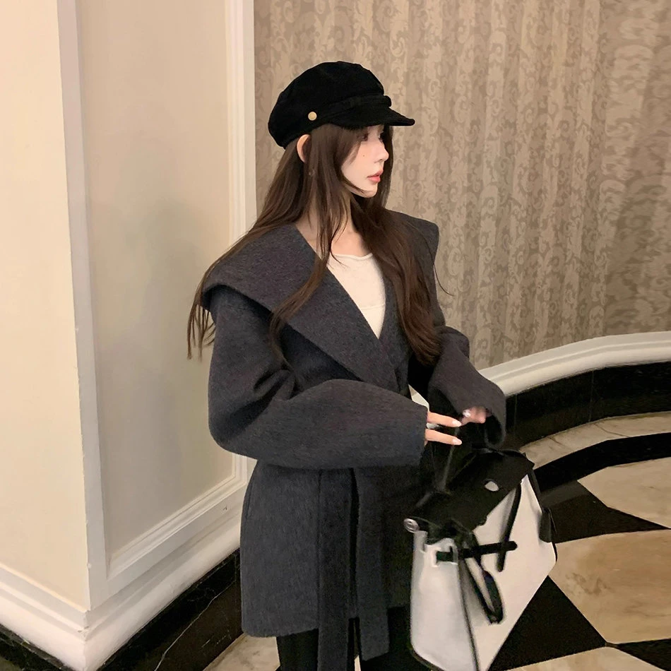 2025秋冬韩式斗篷双面绒毛呢外套女美拉德短款连帽小个子呢子大衣