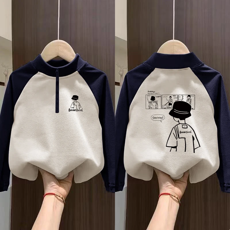 男童德绒拼色打底衫儿童冬季保暖磨毛半高领休闲内搭上衣服中大童