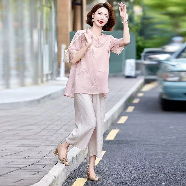 9055-(上衣加裤子)时尚遮肉减龄妈妈装套装气质中国风【龙资源】