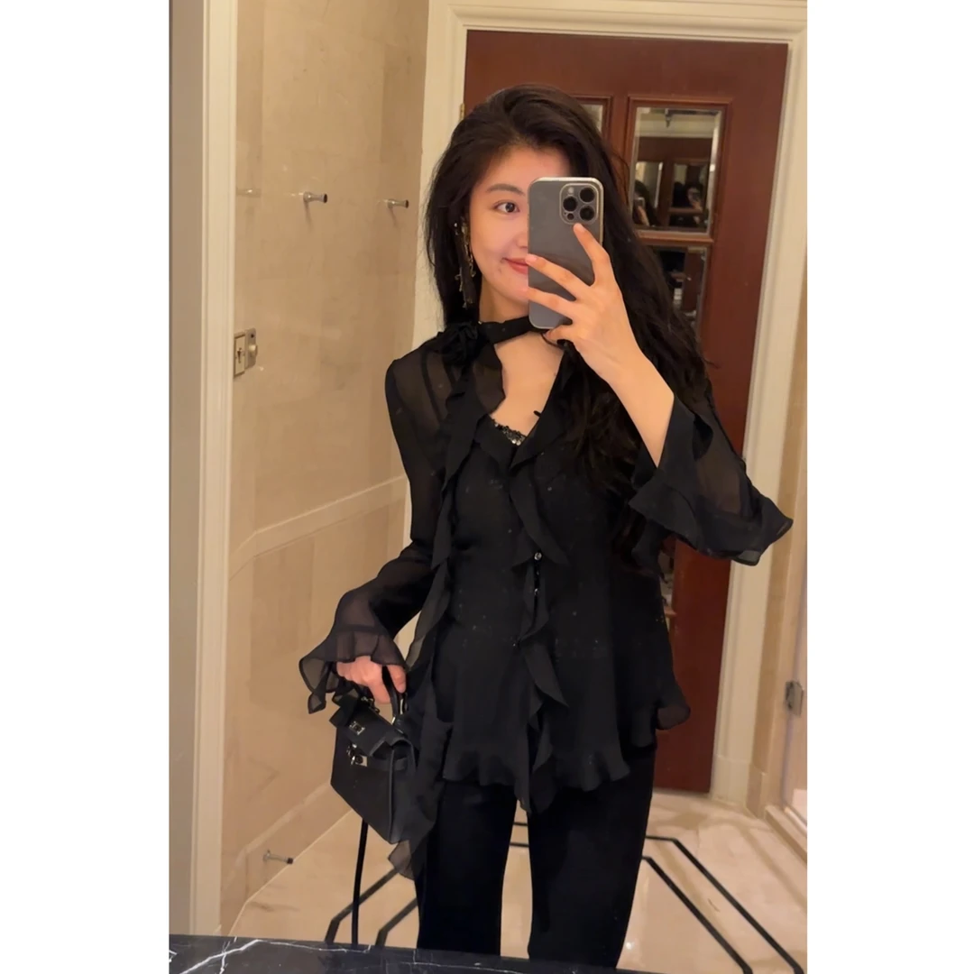 【N·COU】25秋新款【美娇娘】荷叶边花朵飘带长袖衬衫DY21996