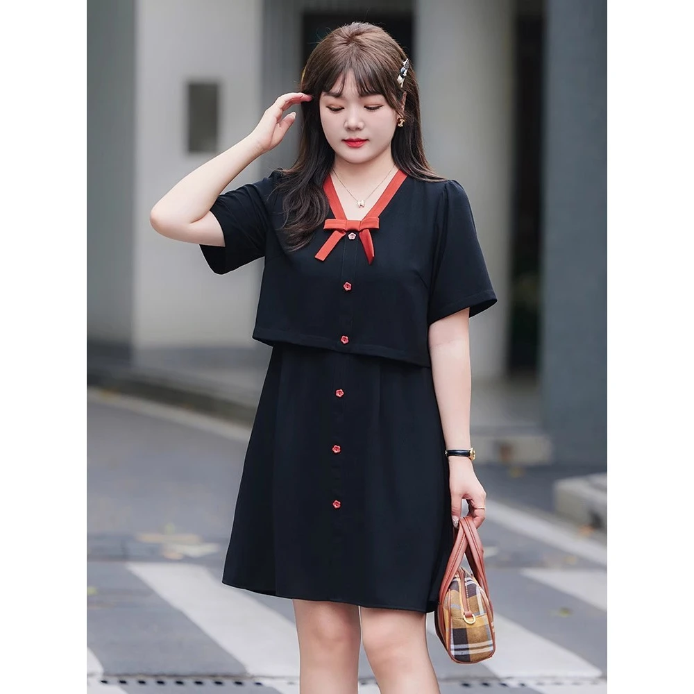 大码女装夏装新款领收腰字遮肉显瘦蝴蝶结减龄胖假两件连衣裙时尚