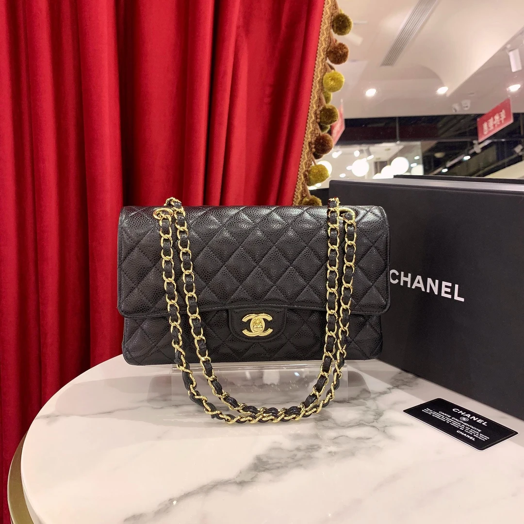 95新 Chanel/香奈儿 GGS香奈儿cf中号黑金荔枝牛皮49717585