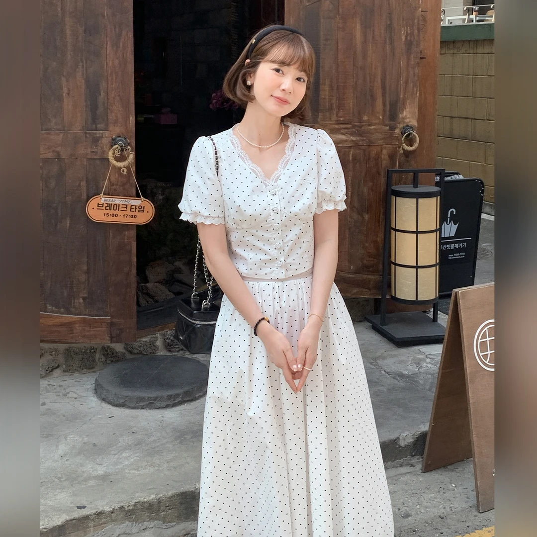 【现货】【白茶波点】FS504Z005黑色波点套装