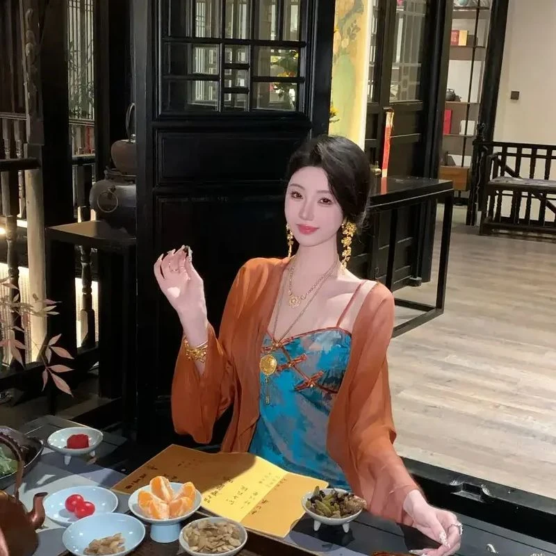点翠牡丹 新中式国风提花吊带连衣裙子百搭遮肉显瘦披肩上衣女装