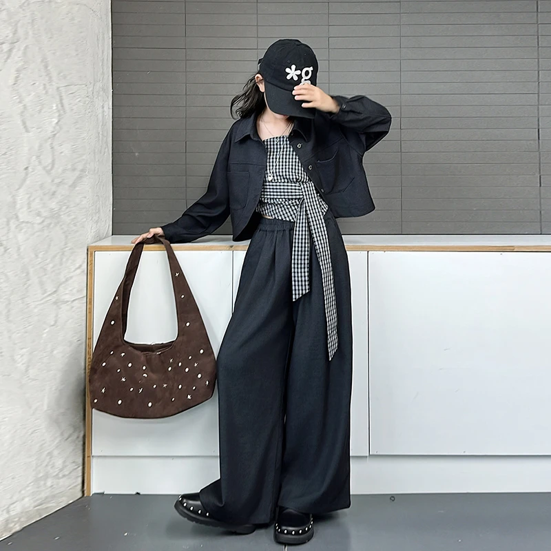 女童牛仔套装春秋2025新款儿童洋气时髦洋气女大童阔腿裤三件套潮