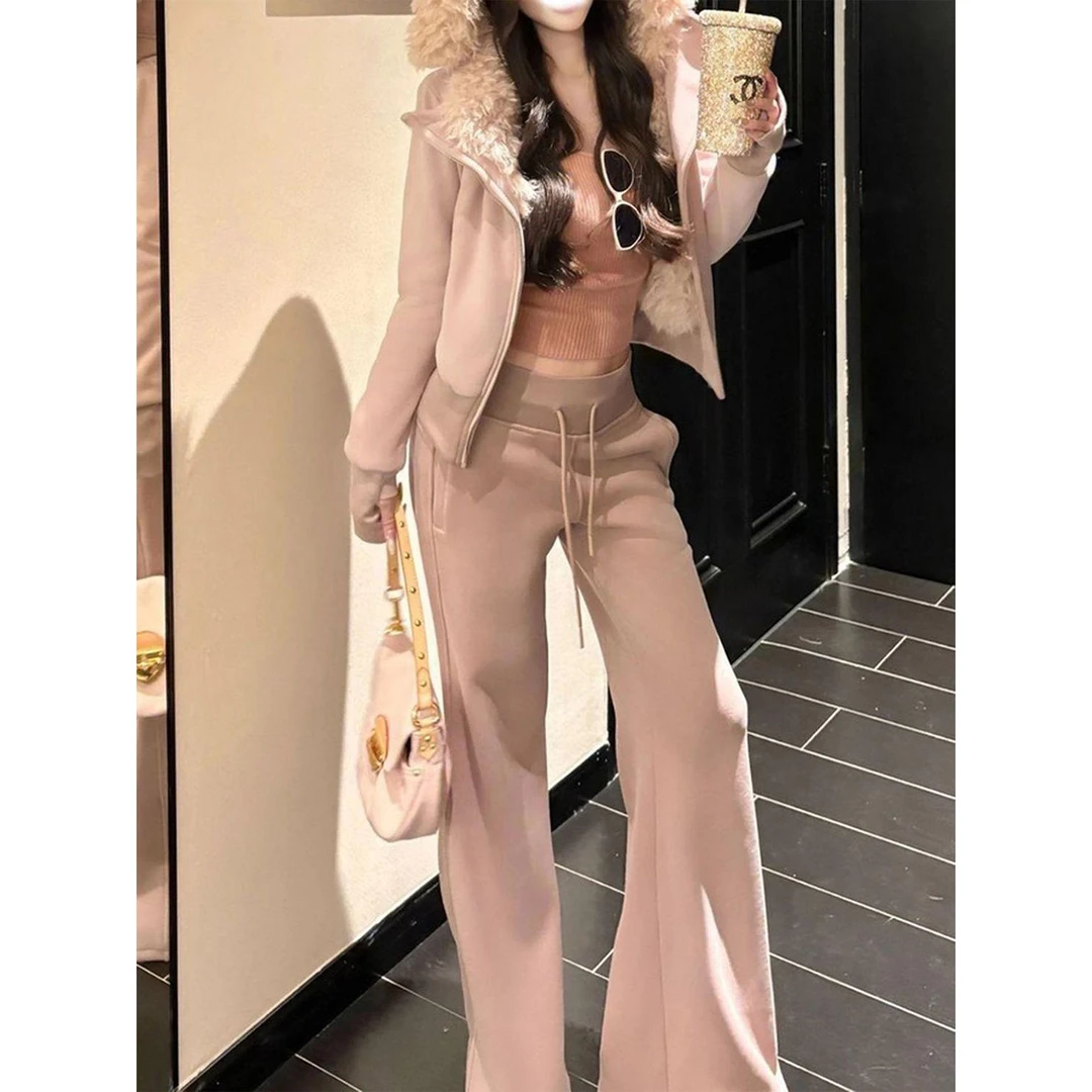 高级感秋冬套装女保暖加绒毛毛翻领短外套微喇休闲长裤加厚两件套