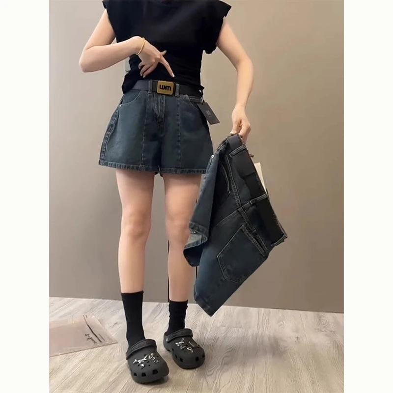 复古牛仔短裤女2025夏季薄款大码梨形身材小个子弹力a字阔腿热裤