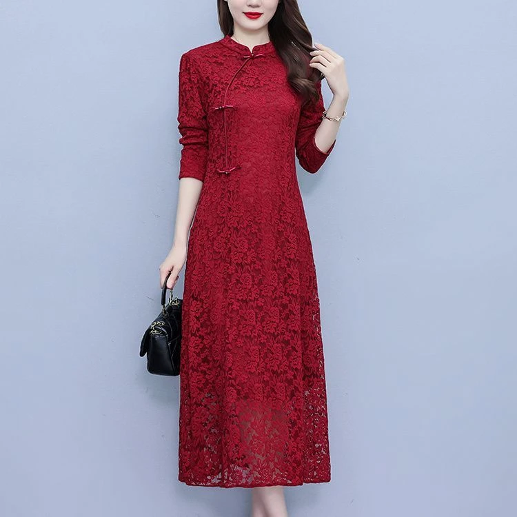 画报夫人改良旗袍蕾丝长袖连衣裙女秋季新款中年妈妈修身显瘦高端