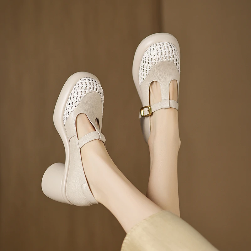 法式编织拼接丁字扣玛丽珍鞋女春秋款真皮高跟浅口单鞋厚底乐福鞋