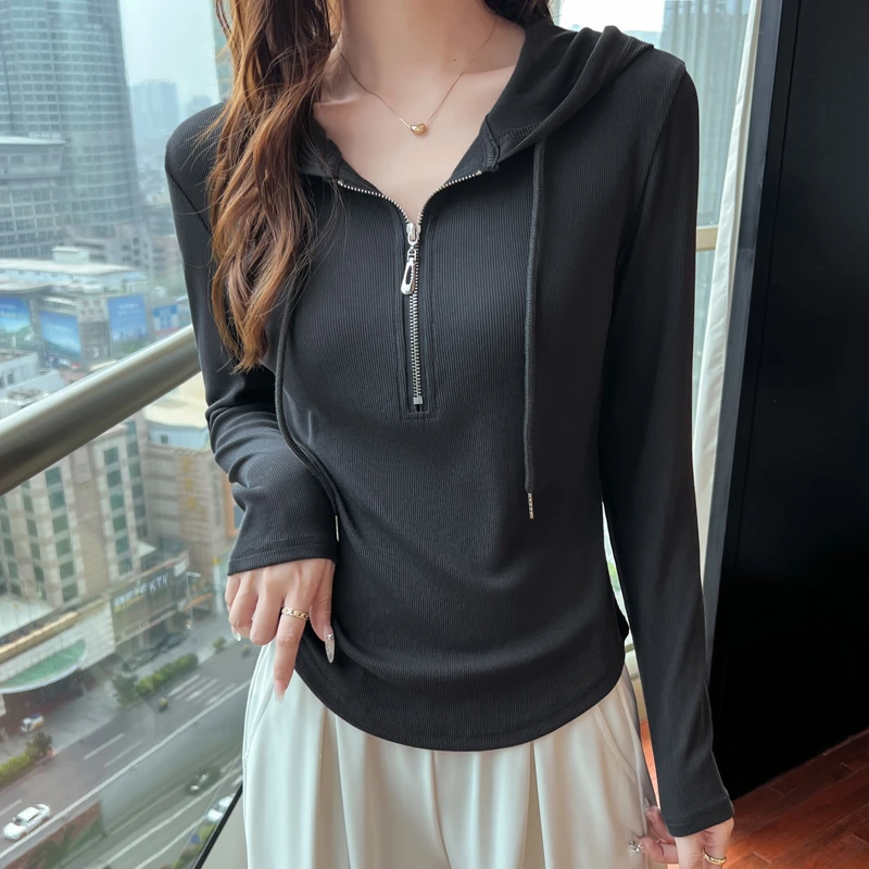 纯欲风连帽拉链t恤女秋季新款百搭时尚休闲卫衣修身短款上衣纯色