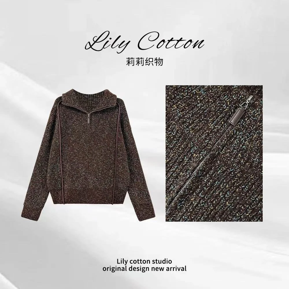 随性半开 复古时尚半拉链高领花纱气质百搭上衣