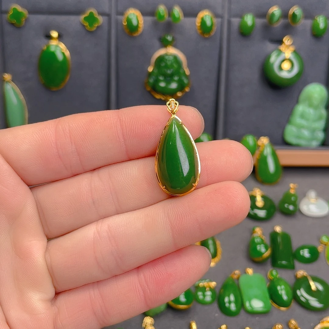 和田玉（碧玉）18K金镶嵌吊坠(不含链)