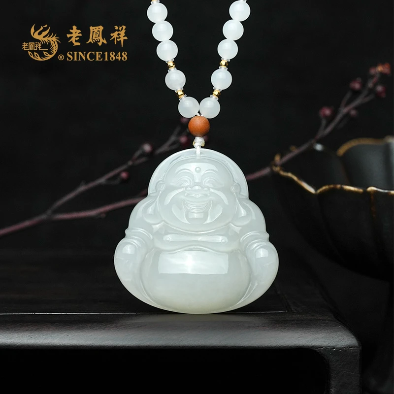 老鳯祥和田玉18K金白玉佛公吊坠 珠链项链  多样性发一件C04643-1
