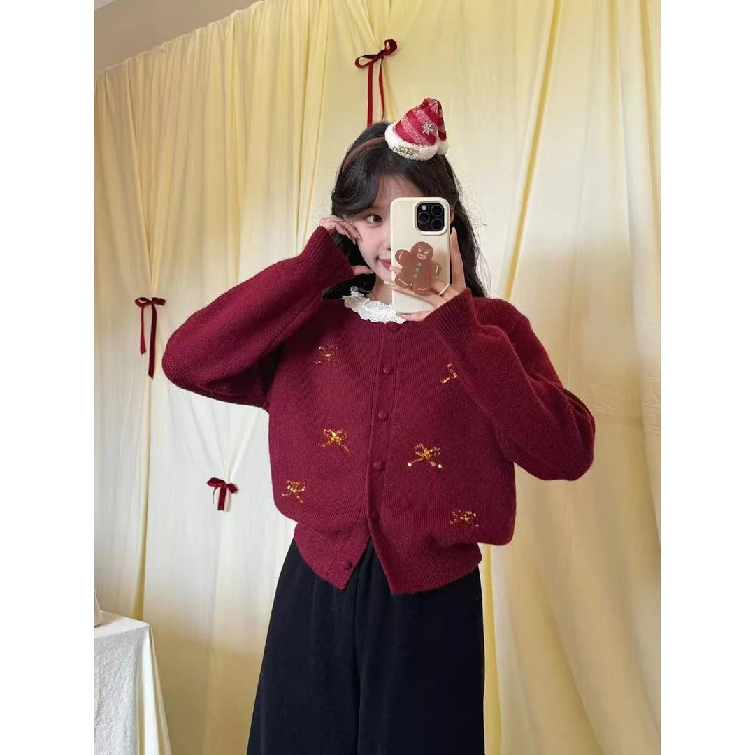 Y0700小香风洋气感花边圆领毛衣外套女秋冬流行针织开衫上衣236