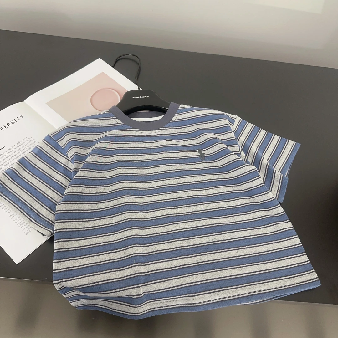 【两个小盆友】2025儿童夏季韩版休闲条纹宽松短袖男童上衣T恤0626