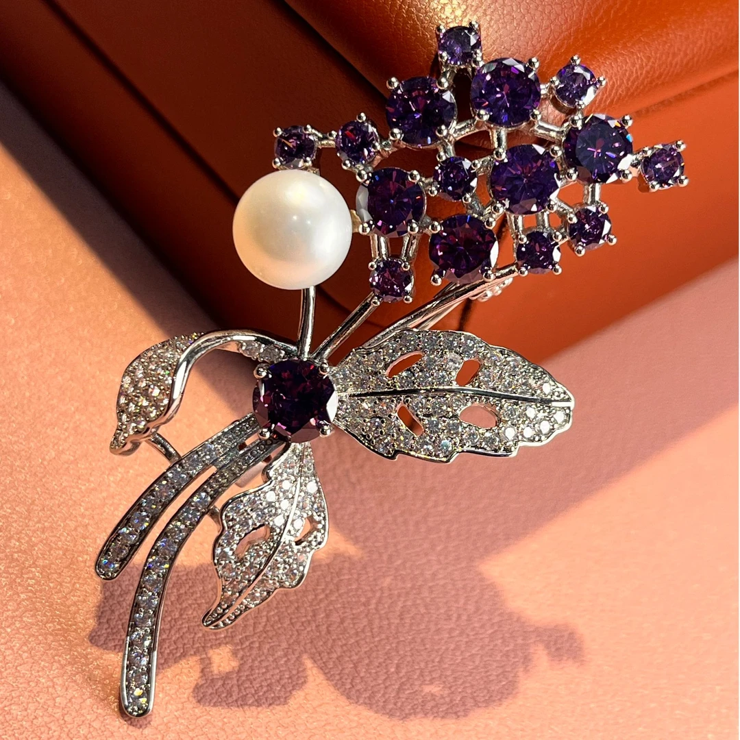 铜合金锆石胸针 高档31574法式复古气质奢华优雅紫色花束