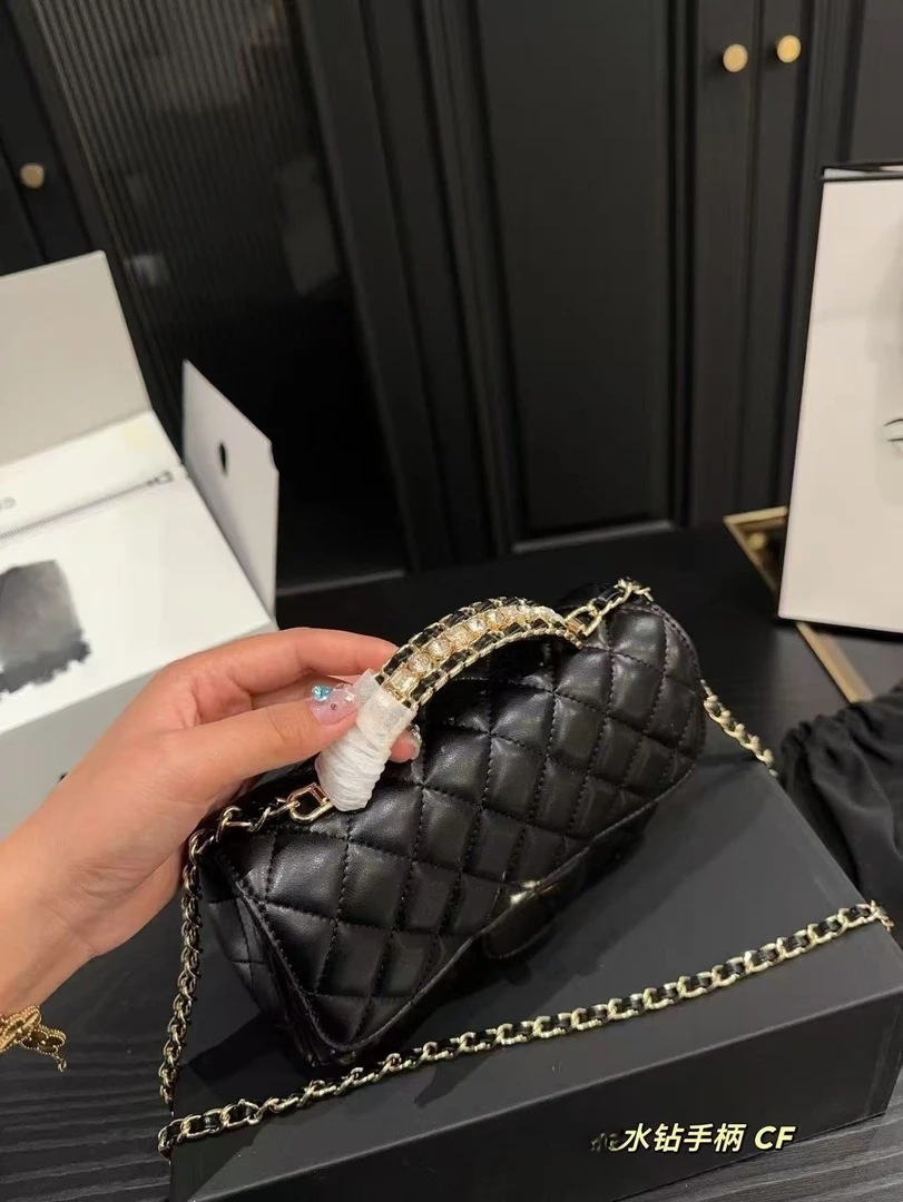 【水钻手柄包】斜跨单肩包链条包包女可调节手提羊皮单肩包