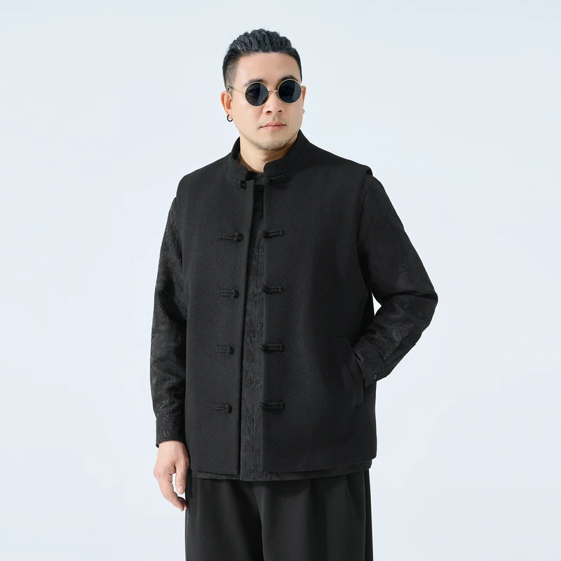 半墨大码男装宽松中式立领盘扣马甲胖子男士春秋新款休闲上衣0537